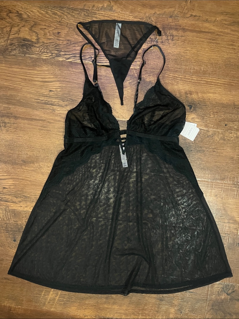 Auden Black Sheer Lace Babydoll Chemise with Thong
